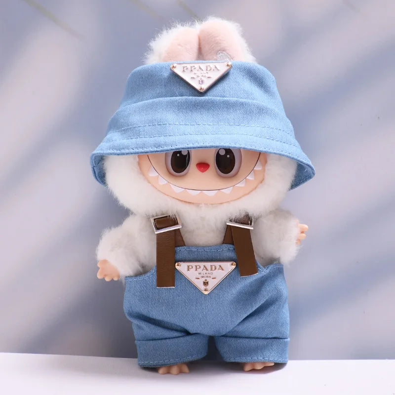 Labubu Outfit Set for 17cm Dolls – Luxury Strap Pants & Hat Set for Sitting Dolls, Party & Display Accessories