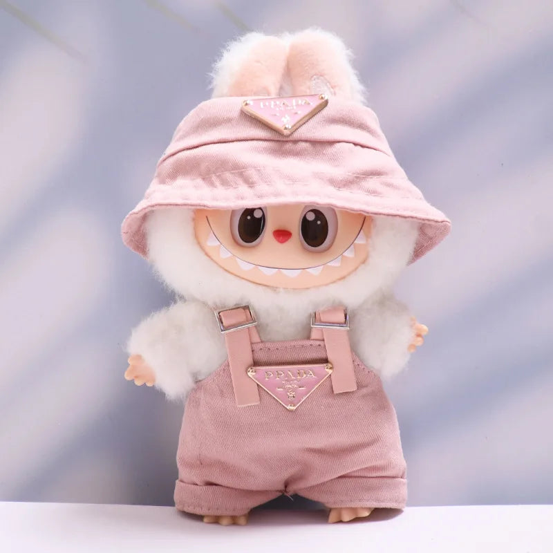 Labubu Outfit Set for 17cm Dolls – Luxury Strap Pants & Hat Set for Sitting Dolls, Party & Display Accessories