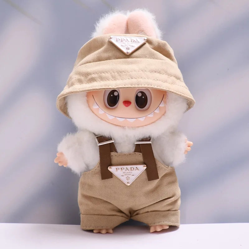 Labubu Outfit Set for 17cm Dolls – Luxury Strap Pants & Hat Set for Sitting Dolls, Party & Display Accessories