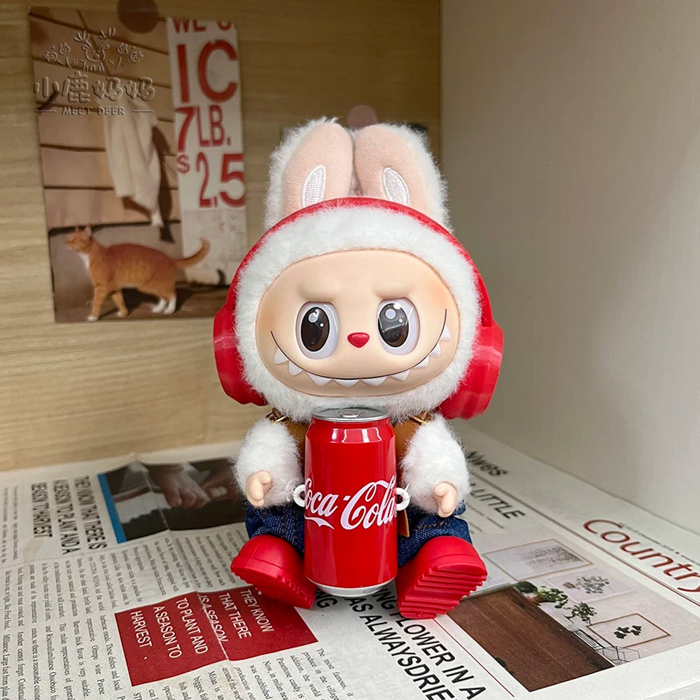 New Coke Series Labubu Baby Clothes Red Headphones Denim Suspenders Trousers Trend Baby Clothes Suit Vinyl Doll Dress-Up Toy