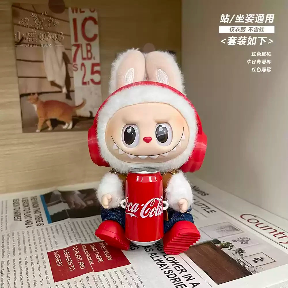 New Coke Series Labubu Baby Clothes Red Headphones Denim Suspenders Trousers Trend Baby Clothes Suit Vinyl Doll Dress-Up Toy
