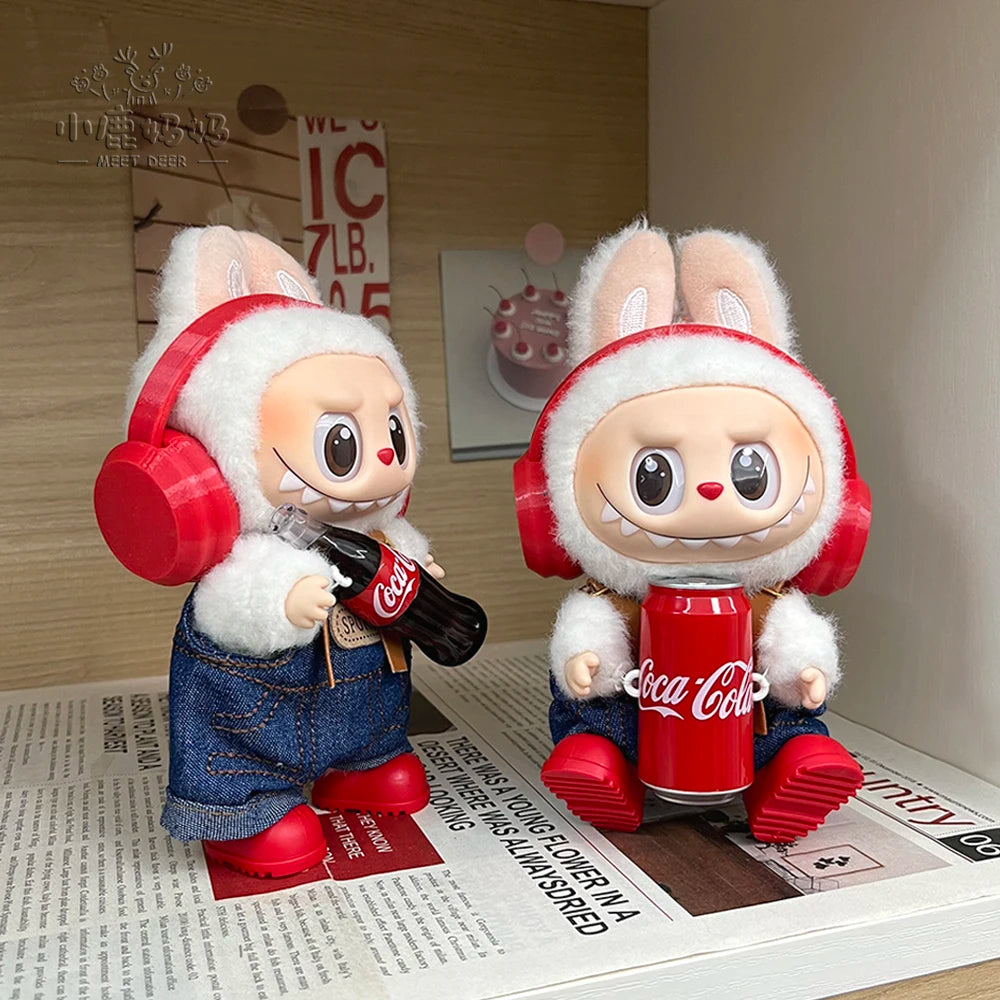 New Coke Series Labubu Baby Clothes Red Headphones Denim Suspenders Trousers Trend Baby Clothes Suit Vinyl Doll Dress-Up Toy