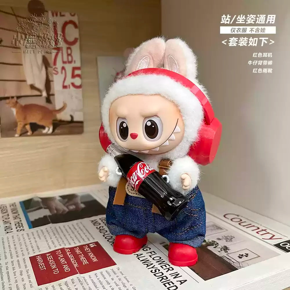 New Coke Series Labubu Baby Clothes Red Headphones Denim Suspenders Trousers Trend Baby Clothes Suit Vinyl Doll Dress-Up Toy