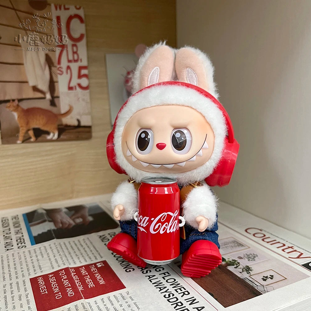 New Coke Series Labubu Baby Clothes Red Headphones Denim Suspenders Trousers Trend Baby Clothes Suit Vinyl Doll Dress-Up Toy