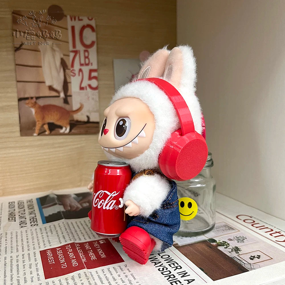 New Coke Series Labubu Baby Clothes Red Headphones Denim Suspenders Trousers Trend Baby Clothes Suit Vinyl Doll Dress-Up Toy